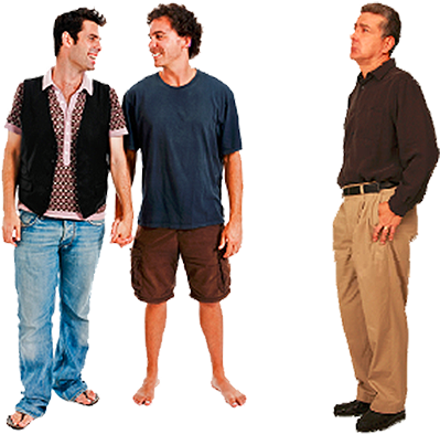 Photo, two smiling men hold hands as another looks on in disapproval.